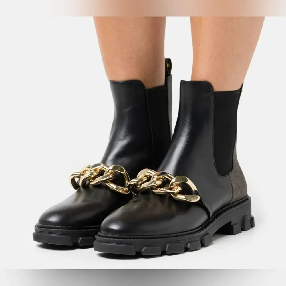 Michael Kors Scarlett Black Leather Chainlink Boots Mobwife Designer 9.5